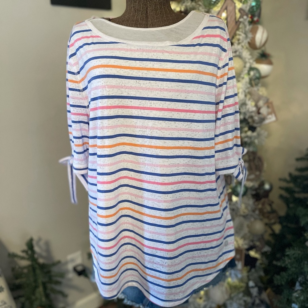 NWOT T by Talbots Blue, Pink and Orange Striped Top with Tie Sleeves.